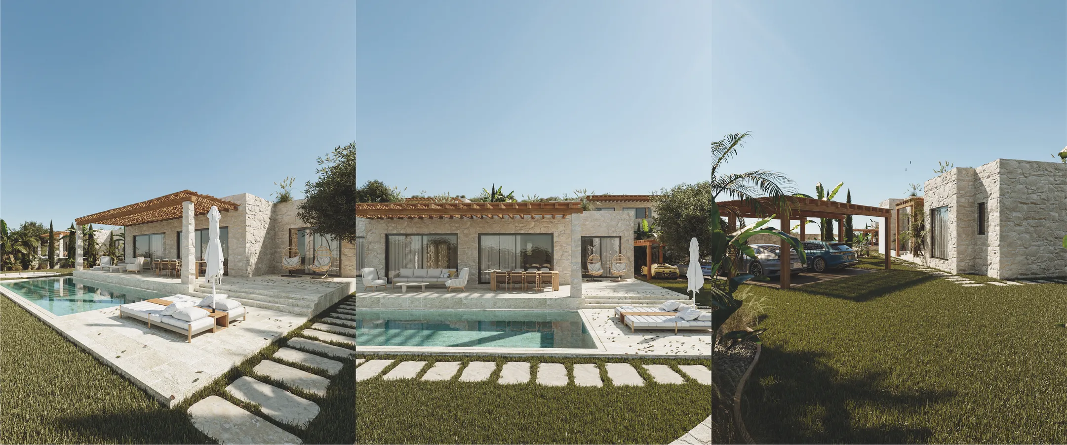 Altın saatte aydınlatılmış havuzlu premium villa